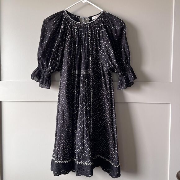 Ulla Johnson Dress Womens Sz. 2 Black White Smocked Midi Boho Embroidered Cotton